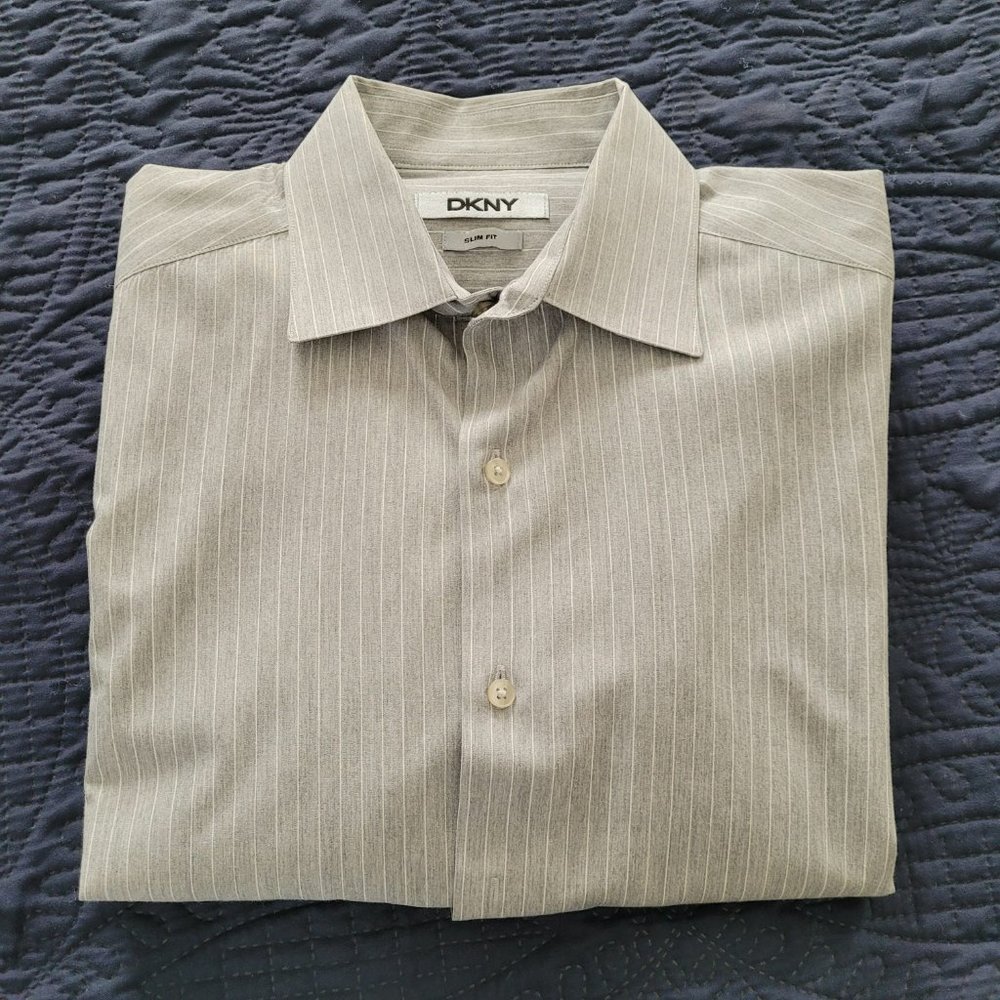 DKNY Dress Shirt Grey/White Large 16 32/33 Slim Fit